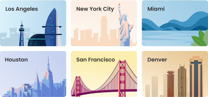 Popular auto shipping locations including Los Angeles, New York City, Miami, Houston, San Francisco, and Denver